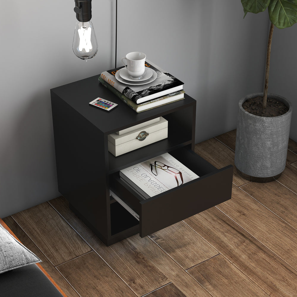 Bedside table with LED lighting and remote control, black