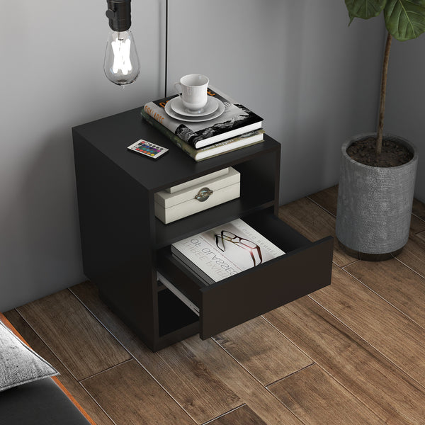 Bedside table with LED lighting and remote control, black