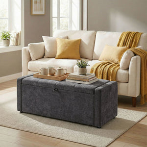 Storage bench ottoman with linen-look fabric upholstery, wide padded seat, dark grey