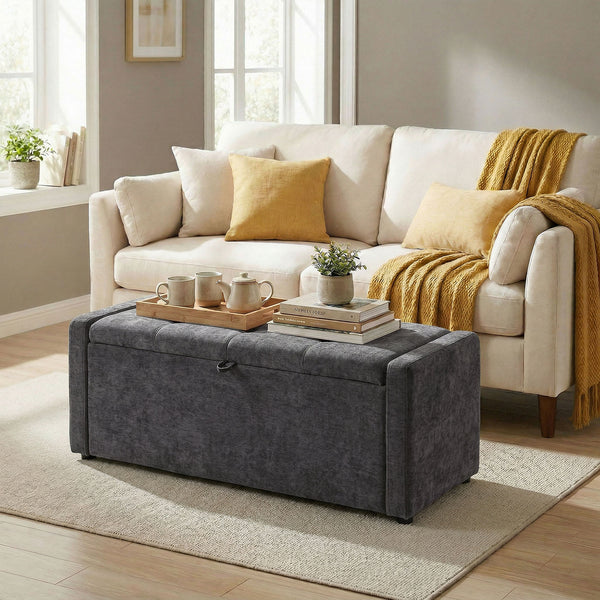 Storage bench ottoman with linen-look fabric upholstery, wide padded seat, dark grey
