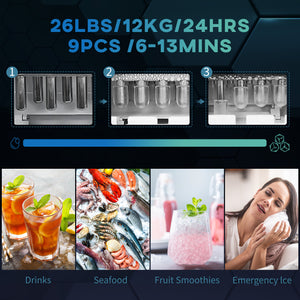 Portable ice maker, self-cleaning with 9 ice cubes ready in 6 minutes, 2 ice cube sizes