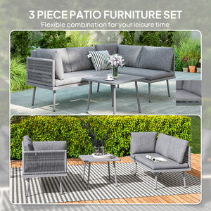 3-piece L-shaped resin wicker garden furniture set with cushions, grey