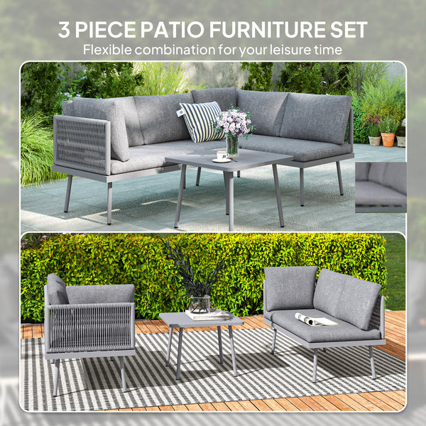3-piece L-shaped resin wicker garden furniture set with cushions, grey