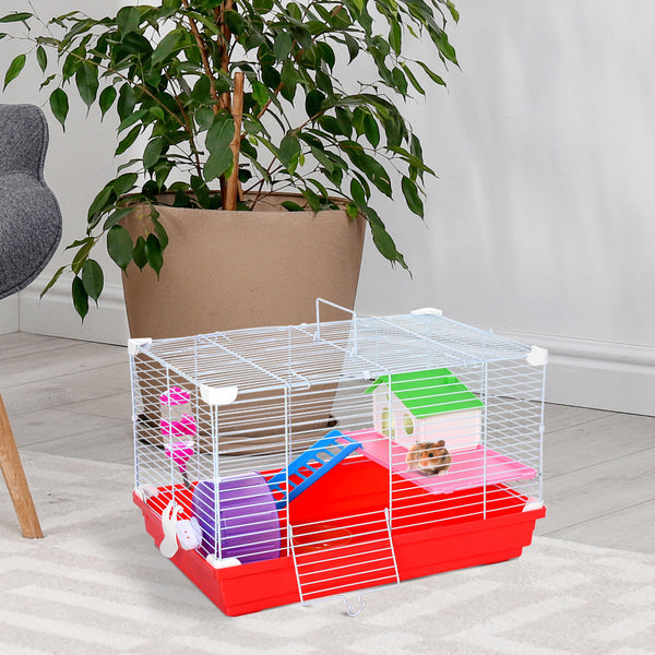 PawHut Hamster Cage: 18.5'' with Accessories, Rat House, 2-Story Design, Red, Small Pet Home |