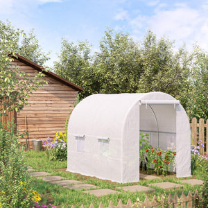 Portable tunnel greenhouse with door and ventilation window, white
