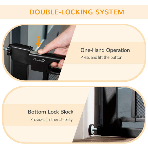 Metal barrier with self-closing and double-locking gate, black
