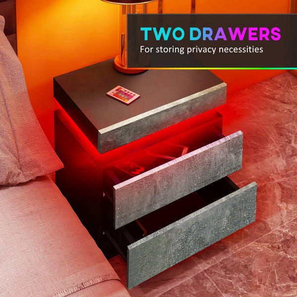 Bedside table with LED lighting and 2 drawers, cement gray