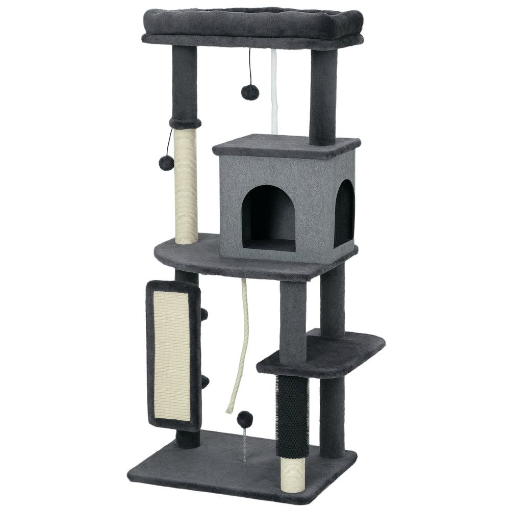 132cm Cat Tree with Scratching Posts, Basket, Kennel and Grooming Brush, Grey