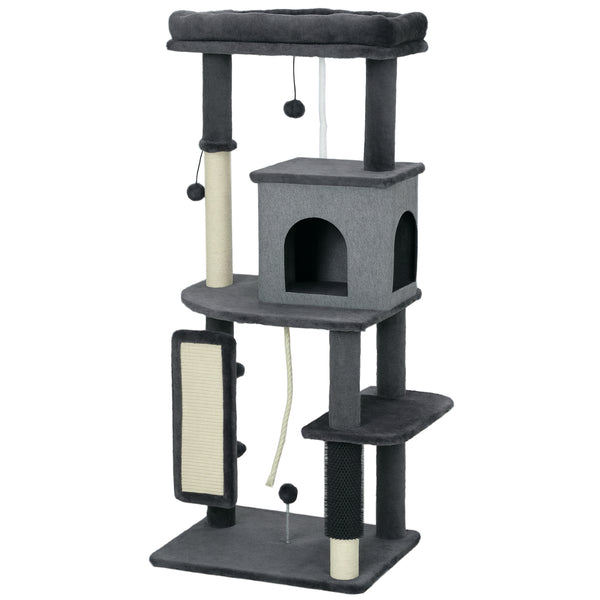 132cm Cat Tree with Scratching Posts, Basket, Kennel and Grooming Brush, Grey