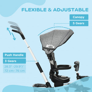 6-in-1 Folding Tricycle with Adjustable Seat, Safety Harness, Removable Canopy, Grey