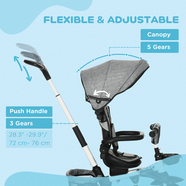 6-in-1 Folding Tricycle with Adjustable Seat, Safety Harness, Removable Canopy, Grey