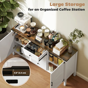 Country style sideboard with thick top, 2 barn doors, 4 drawers and 2 adjustable shelves, white