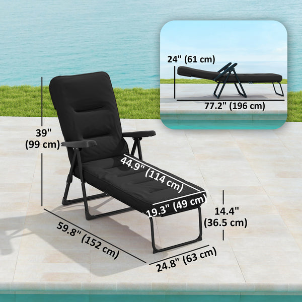 Folding lounge chair with cushion, adjustable backrest with footrest, black