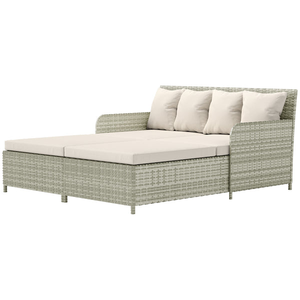 Outdoor rattan sun lounger with soft cushions, 4 pillows, curved backrest and armrests, beige