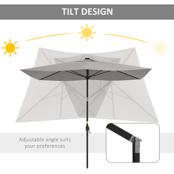 9.7-foot aluminum parasol with solar LED lighting and crank handle, light gray