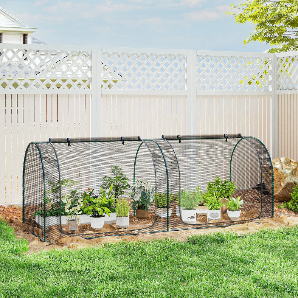 Protective plant cage with 3 zippered doors and 6 ground stakes