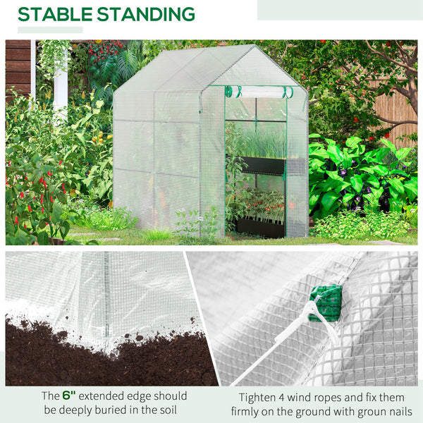 Portable garden greenhouse with roll-up door and 4 shelves, white