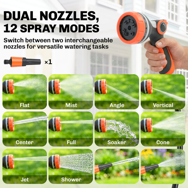 Retractable Garden Hose Reel, 1/2" x 92ft Wall Mounted Hose Reel with 12-Pattern Nozzle, Auto Retraction, Self-Locking