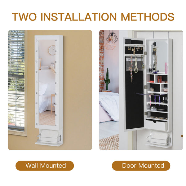 Jewelry cabinet with mirror, 18 LED lights, white