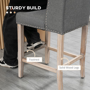 Set of 2 padded bar stools with studded backrest and footrest, grey