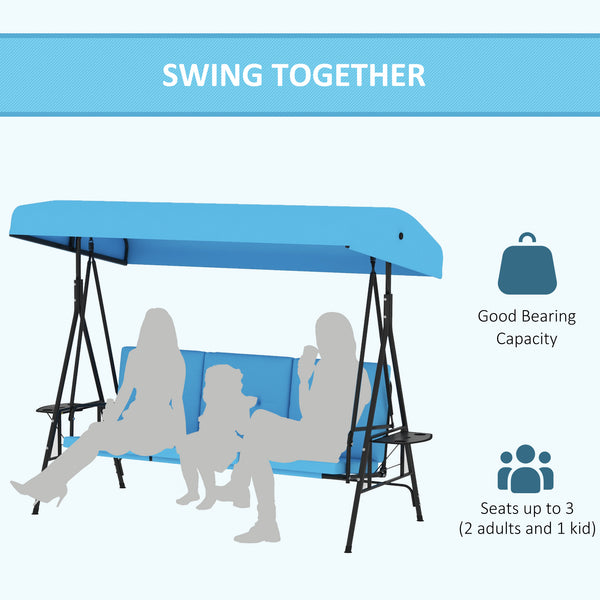 3-Seat Outdoor Porch Swing Patio Swing with Adjustable Canopy, Side Tray, Removable Cushion for Garden, Poolside, Blue