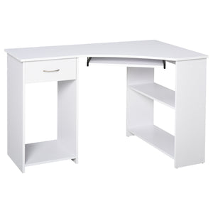 L-Shaped Desk with Keyboard Tray for Small Spaces with Shelves, White
