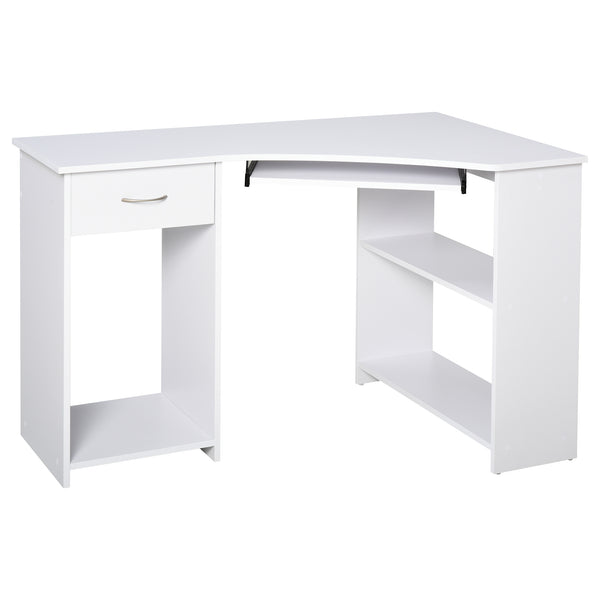 L-Shaped Desk with Keyboard Tray for Small Spaces with Shelves, White