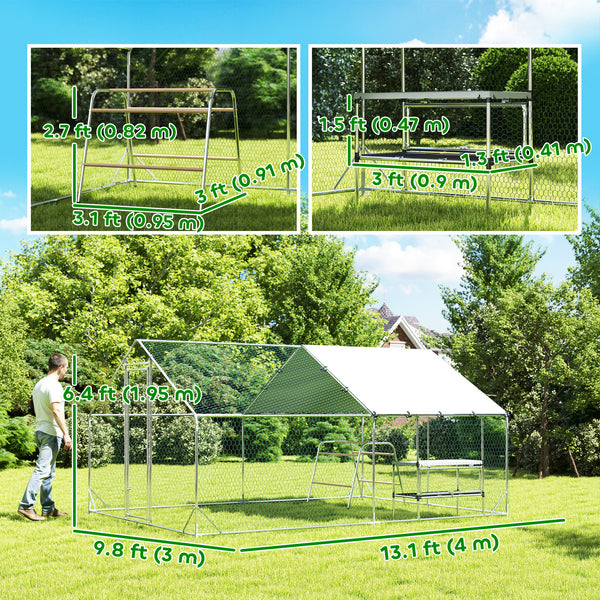 Metal chicken coop with waterproof tarp, nest box and perches
