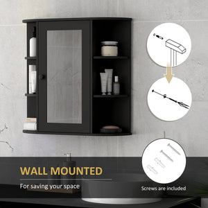 Wall-mounted bathroom cabinet with mirror, door and shelves, black