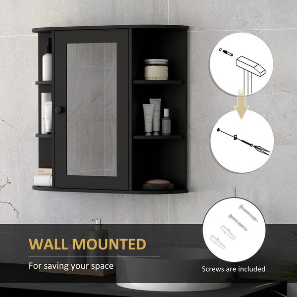 Wall-mounted bathroom cabinet with mirror, door and shelves, black