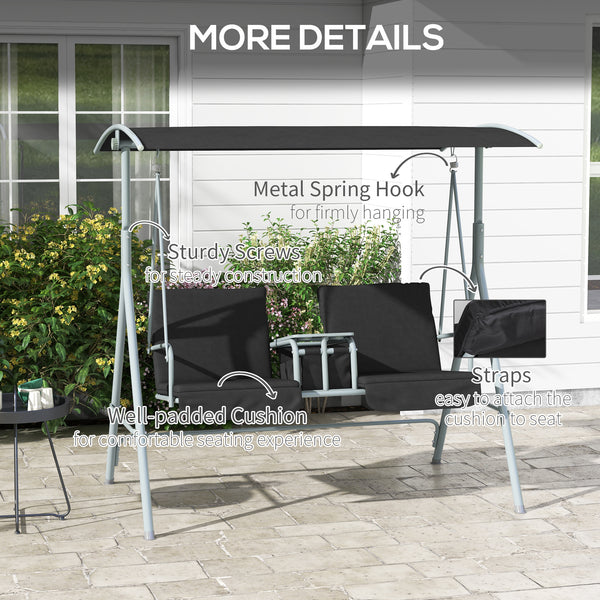Two-seater swing with adjustable canopy and table, black