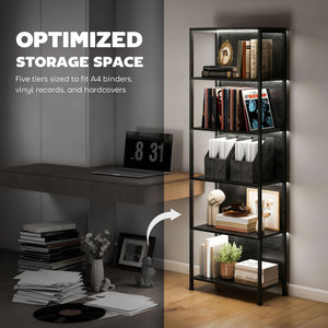 5-tier bookcase with LED lighting and black metal frame.