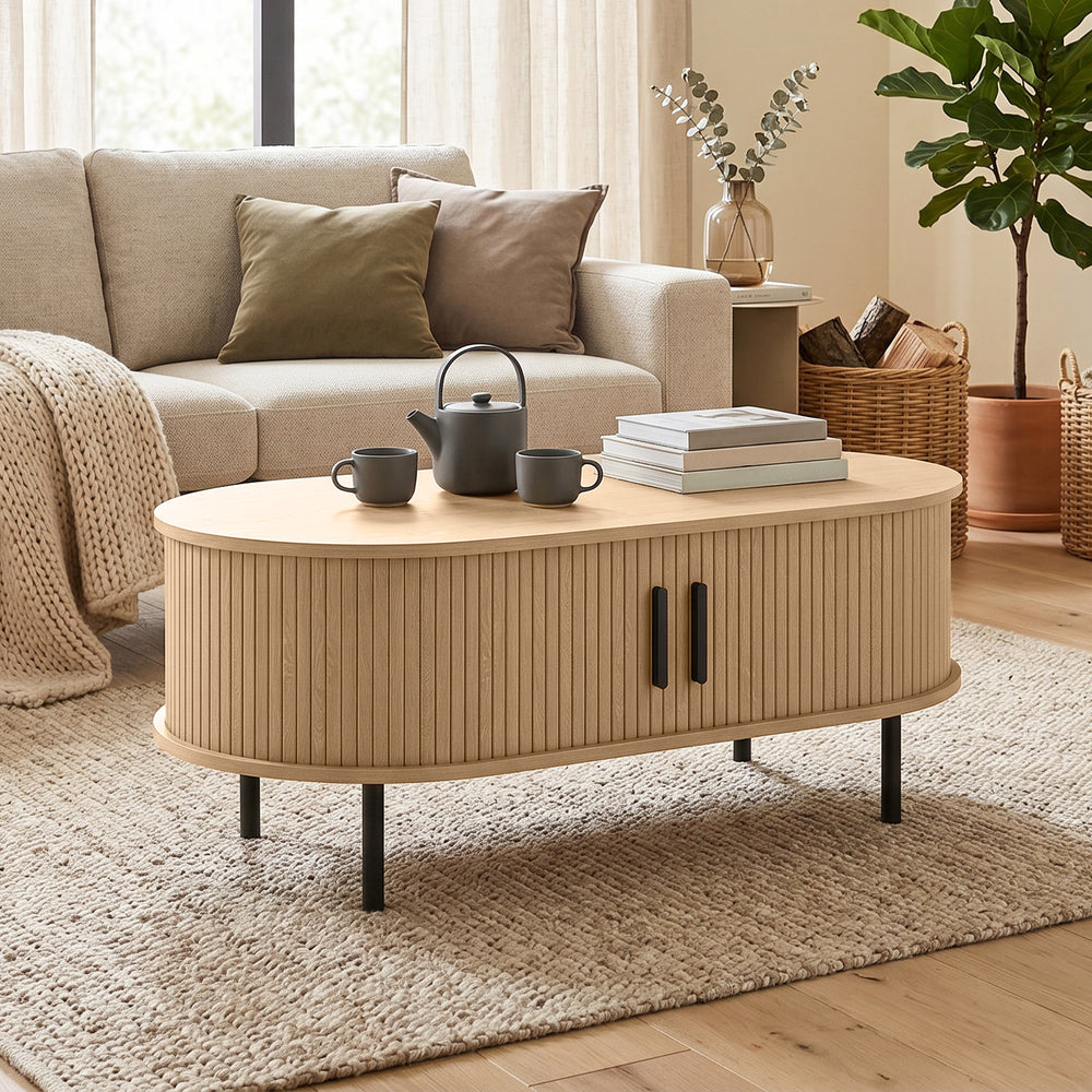 Coffee table with tambour sliding doors and central storage table, metal legs, natural wood color
