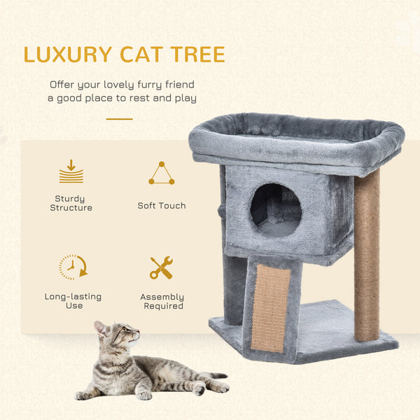 Cat tree with perch, scratching post, kennel and play ball, grey 