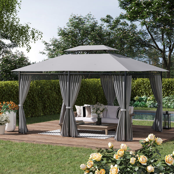 10' x 13' Gazebo, 2-Tier Outdoor Sun Shelter with Curtains, Dark Gray