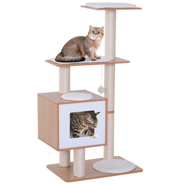 47" Wooden Cat Tree, Scratching Post, House with Cushions, Brown 
