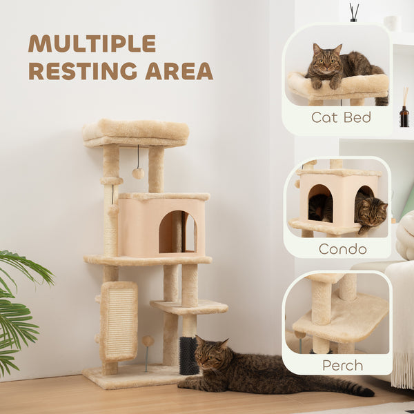 104cm Cat Tree with Scratching Posts, Basket, Hideaway and Jumping Platforms, Beige