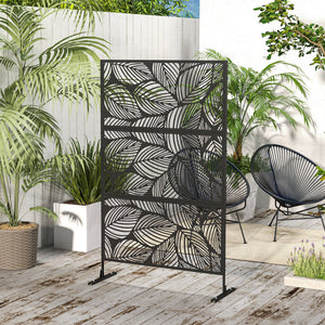 Decorative outdoor metal screen with stand, leaf pattern, black