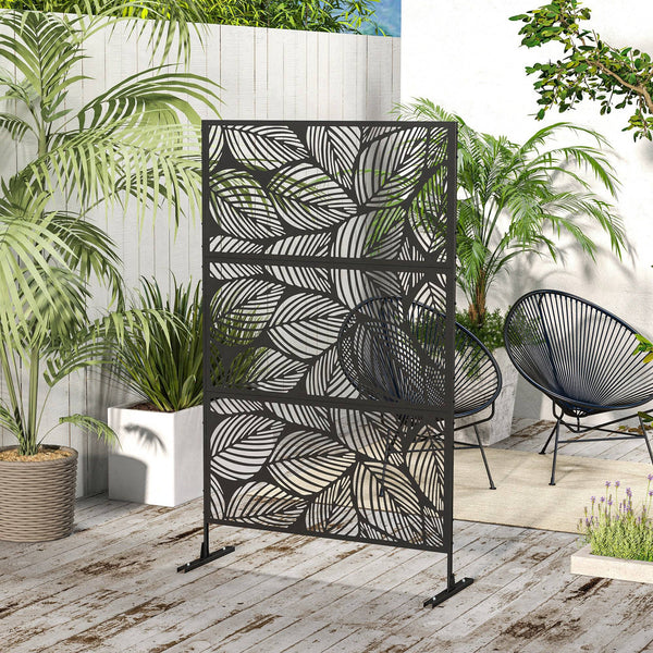Decorative outdoor metal screen with stand, leaf pattern, black