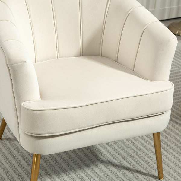 Modern fabric accent chair with gold metal legs, cream white