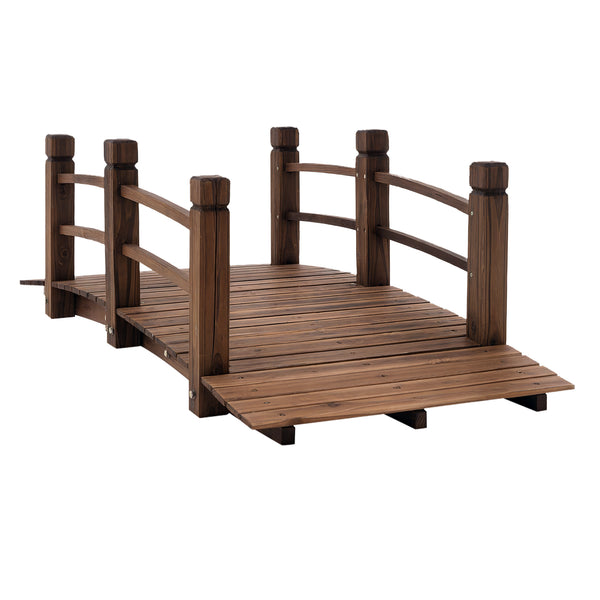 Wooden garden bridge with decorative side railings, stained wood