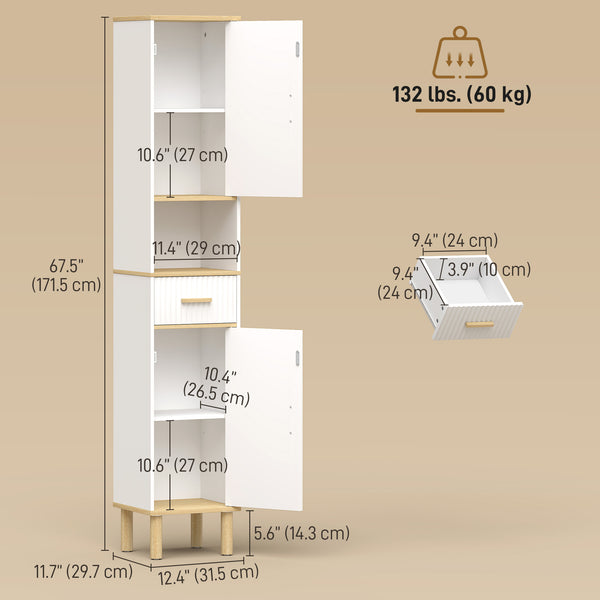 Tall bathroom storage cabinet with drawer, adjustable shelves, open compartment, white