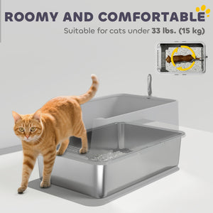 XL stainless steel litter box for cats of all sizes with high side walls