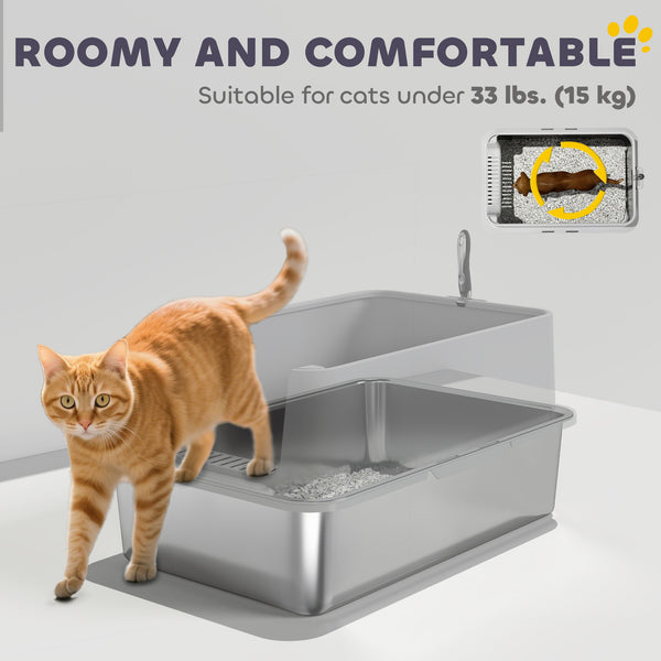 XL stainless steel litter box for cats of all sizes with high side walls