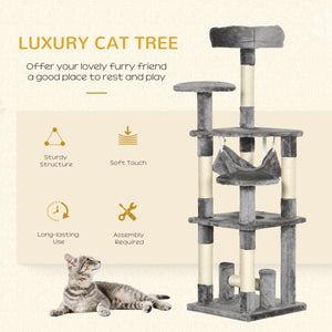 52" Multi-Level Cat Tree, Scratching Post, Playhouse with Hammock - Grey