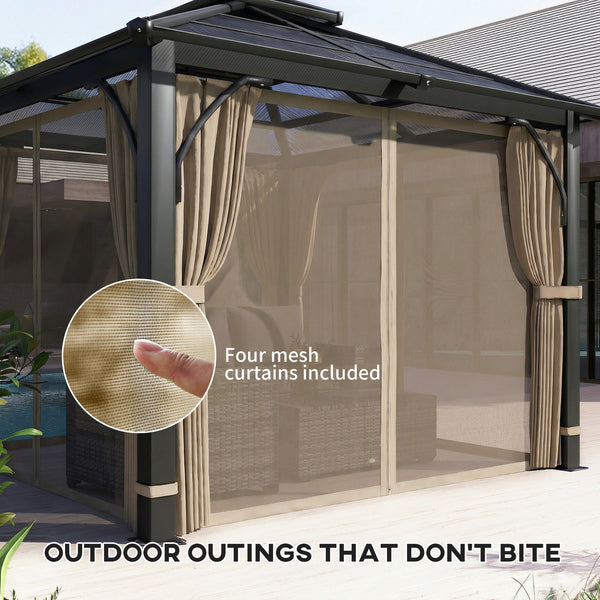 10' x 10' rigid gazebo with double polycarbonate roof, mosquito netting, and curtains, khaki 