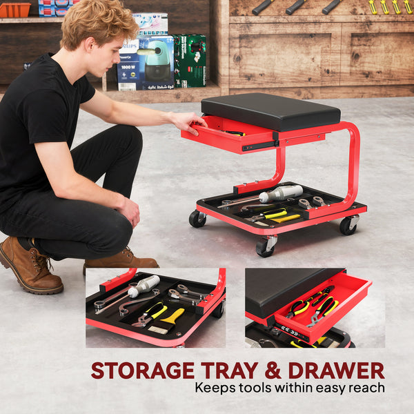 Rolling workshop stool with tool storage and drawer, black.