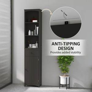 Tall bathroom cabinet with shelves and drawers