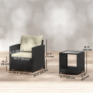 3-Piece Woven Resin Patio Furniture Set with Two-Tier Table and Glass Top, Beige