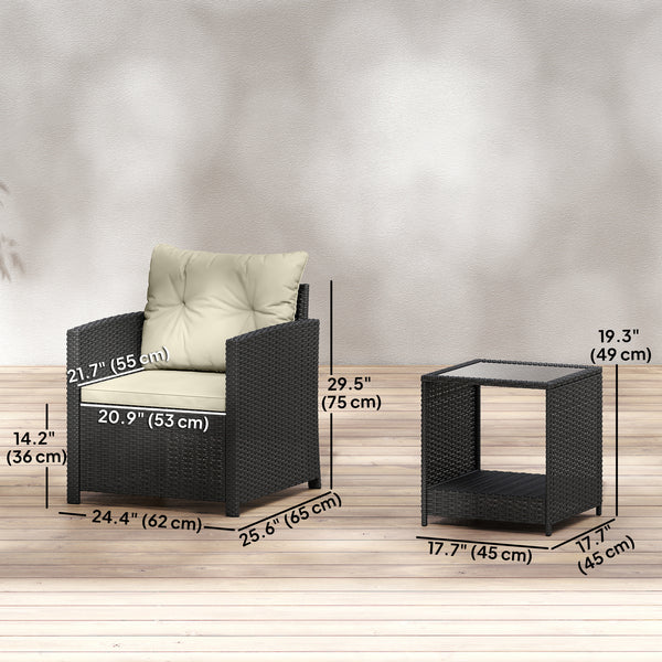 3-Piece Woven Resin Patio Furniture Set with Two-Tier Table and Glass Top, Beige